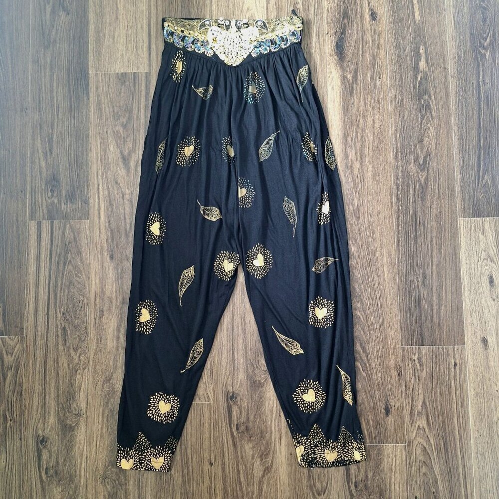 💙 Harem Pants Sequined Baggy Elastic Waist Gold Boho Style Size M 100% Rayon